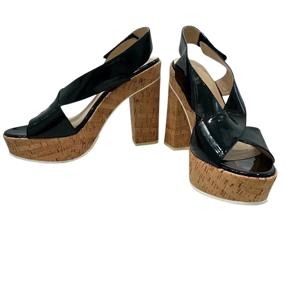 CALVIN KLEIN TAMRA BLACK PATENT & CORK PLATFORM HEELED SANDALS